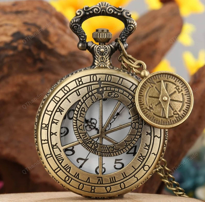 Hollow Retro Astronomical Compass Geometry Prague Design Quartz Pocket Necklace Watch Pendant Chain Clock with Compass Accessory/Best Gifts