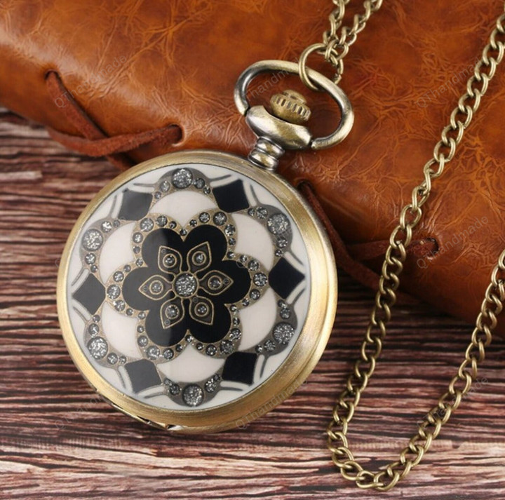 Vintage Bronze Copper White Jade Flower Crystal Big Quartz Pocket Watch Women Necklace Pendant Chain Birthday Gifts Clock/Valentines Gift