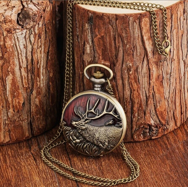 3D Bronze Creative Long Horns Elk Quartz Pocket Watch Necklace Deer Animal Pendant Chain Clock Analog Fob Steampunk Clock/Gothic Watch