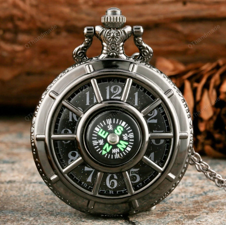 Retro Black Starry Dial Compass Design Hollow Skeleton Steampunk Quartz Pocket Watch Necklace Chain Pendant Clock Gifts for Men/Gothic Watch