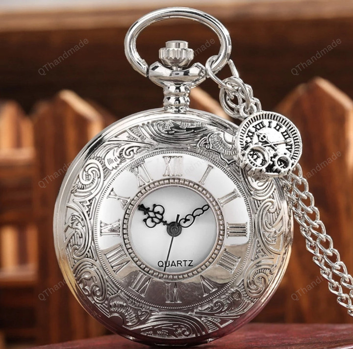 Silver Pocket Watch Necklace Pendant Watch FOB Chain Clock Roman Numeral Analog Watches with Gear Accessory/Best Gifts