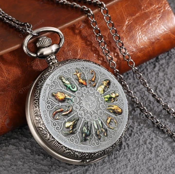 Retro Gray 12 Constellations Astrology Pattern Quartz Pocket Watch Necklace Chain Birthday Gifts Pendant Watch for Friend Unisex/Best Gifts