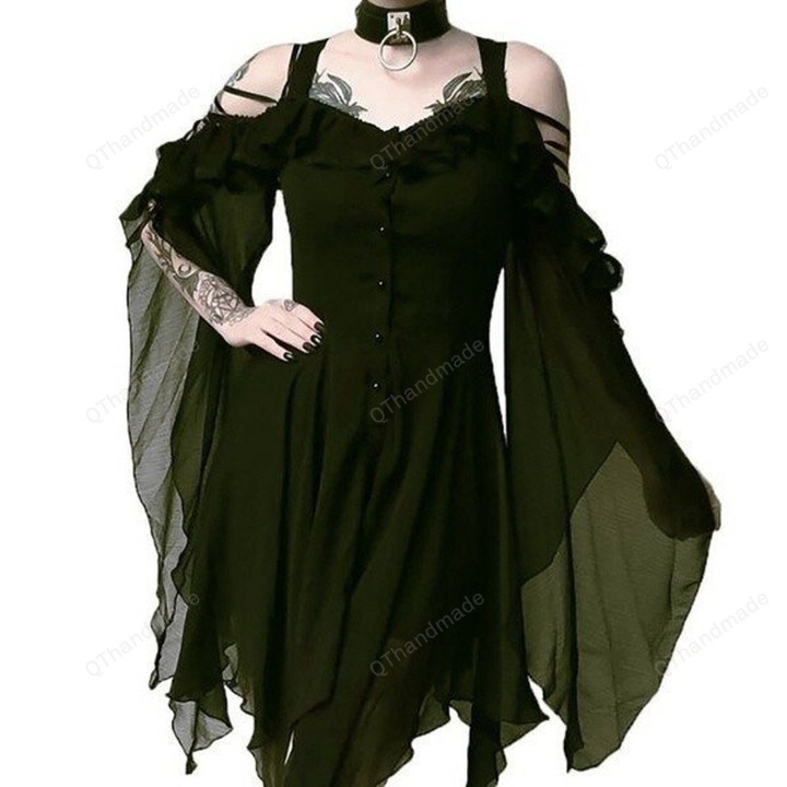 Gothic Black Dress Off-Shoulder Ruffle Trim, Women's Dresses Irregular Long Bell Sleeve Straps Clothes, Halloween Party Punk Style