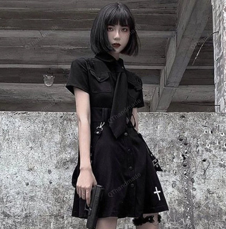 Goth Dress Punk Gothic Harajuku Summer Black Mini Dress Shirt Women/ Short Sleeve Emo Clothes Mall Goth Dark Academia/ Gift For Her