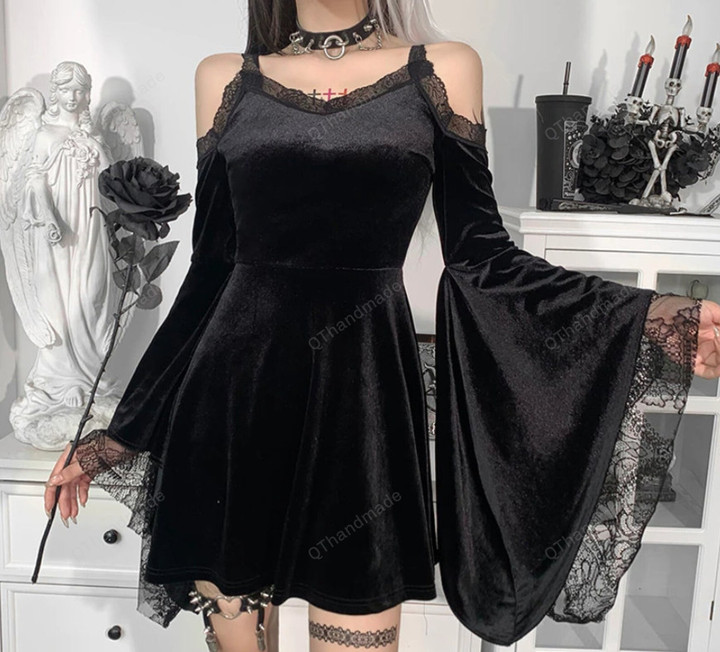 Goth Flare Sleeve Black Dress Women Aesthetic Velvet Vintage Lace Autumn Dress Off Shoulder Harajuku Elegant Party Dress/Halloween Gift