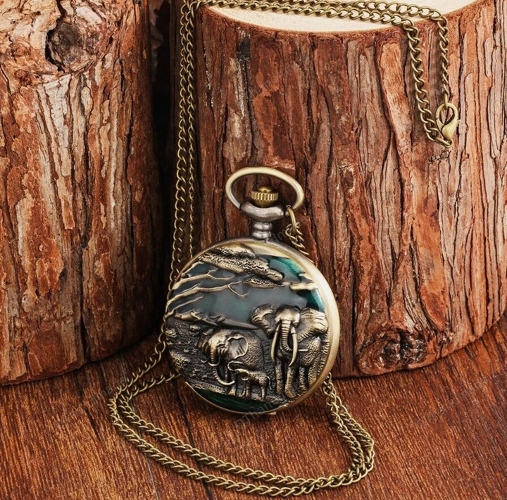 Antique Bronze Elephant Animal Quartz Pocket Watch Analog Clock Round Dial Pocket with 80cm Necklace Pendant Sweater Chain/Gothic Watch