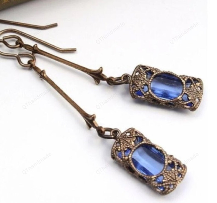 Vintage Green Blue Zircon Rhinestones Long Dangle Earrings for Women Antique Bronze Color Drop Earring Party Jewelry Gift/Gothic Earrings