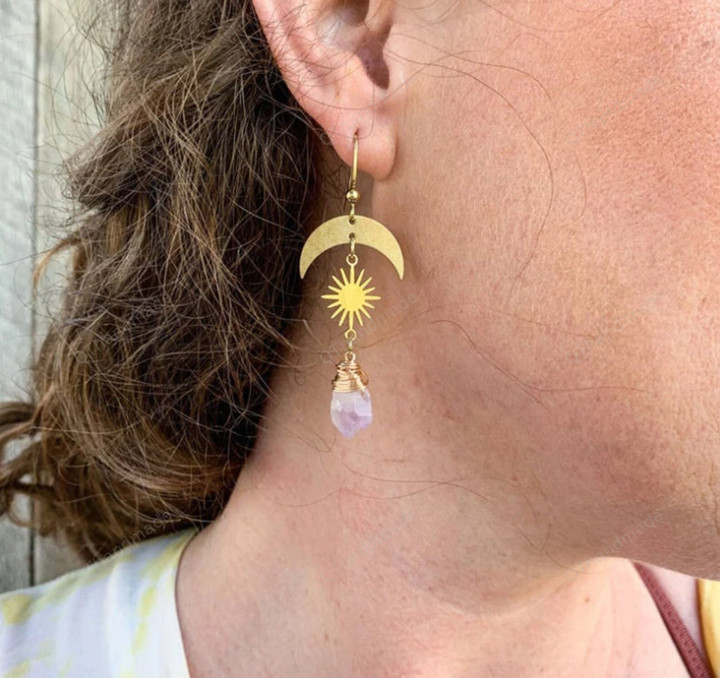 Amethyst Crystal Dangle Earrings,crystal Moon Earrings, Crescent Moon And Sun Earrings Bohemian Raw Crystal Earrings/Boho Earrings