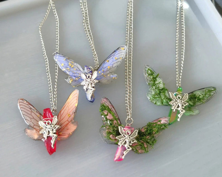 Handmade Forest Magic Holographic Fairy Wing Quartz Necklace Fairy/Faerie Statement Necklace Winged/choker chain/choker set/Fairy Necklace
