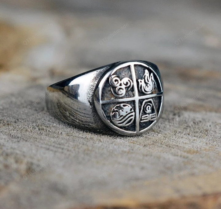 Stainless Steel Rings The Last Airbender Air Fire Earth Water Elements Rings Occult Amulet Gothic Jewelry/Boho Gothic Goth Ring/Viking Ring