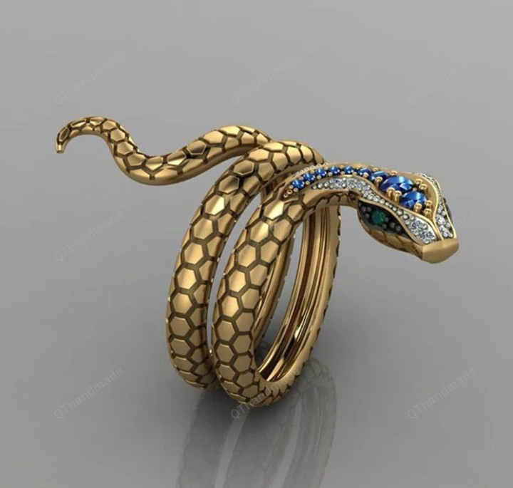 Charm Golden Snake Ring Blue Rhinestone Inlaid Snake Ring for Men and Women Fashion Noble Jewelry Gifts/Statement Ring/Boho Gothic Goth Ring