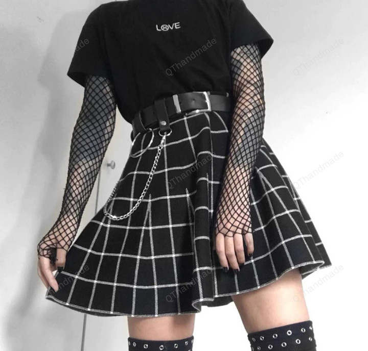 Y2K Aesthetic Gothic Grunge Plaid Black Mini Skirt Women High Waist A-line Skirt E-girl Mall Harajuku Streetwear/Goth Dress/Witch gifts