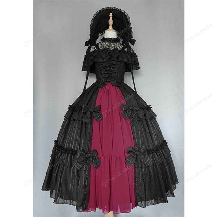 Gothic Palace Retro Lace Bowknot High Waist Ruffle Dress, Cosplay Costume, Retro Victorian Gothic Long Floor Length Hooded Dress