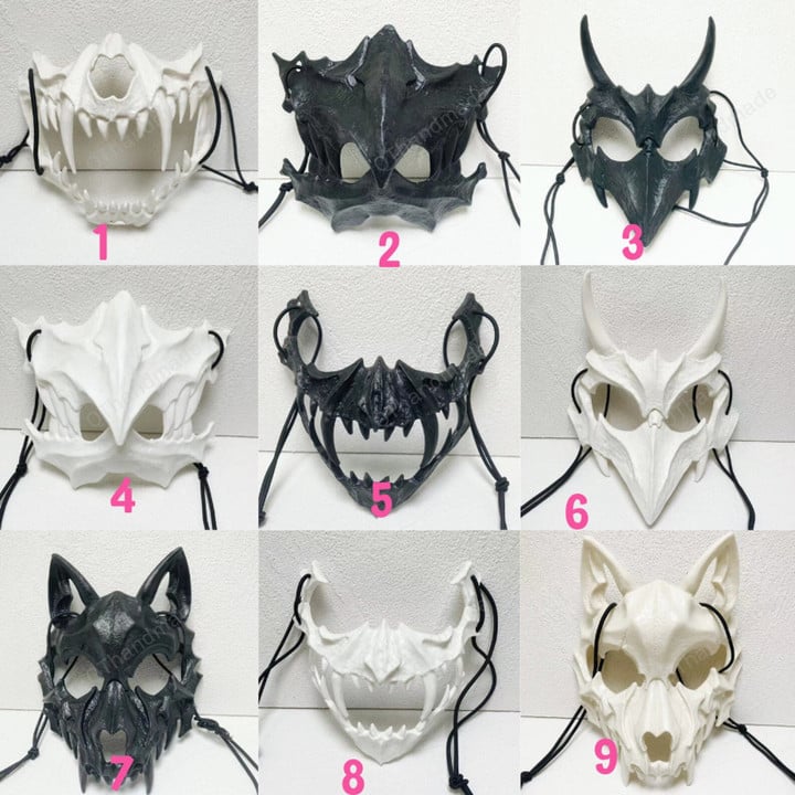 12 Styles Japanese Anime Dragon God Skeleton Half Face Mask Cosplay Animal Skeleton Mask Unisex Halloween Masquerade Carnival Party Props