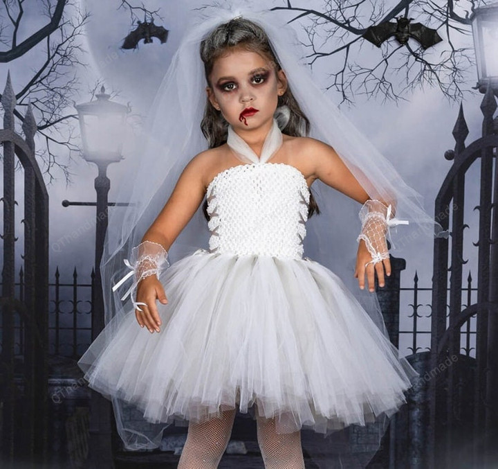 Ghost Bride Girls Halloween Costume Tutu Dress with Gloves Veil Teen Cosplay Costume Fancy Dress Up Kids Party Dresses/Baby Girl/Party Dress