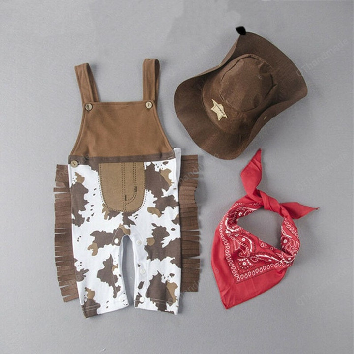 3PCS Toddler Baby Boy Girl Cowboy Outfit Romper +Hat+Scarf Sets, Halloween Party Carnival Cosplay Costume, Funny Cowboy Set For Kids