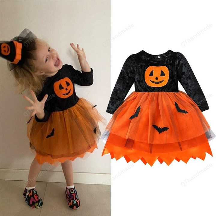 Halloween Lace Pumpkin Bat Print Long Sleeve Patchwork Tutu Dress, 1-6Y Halloween Kids Girls Princess Dress, Halloween Tutu Dress