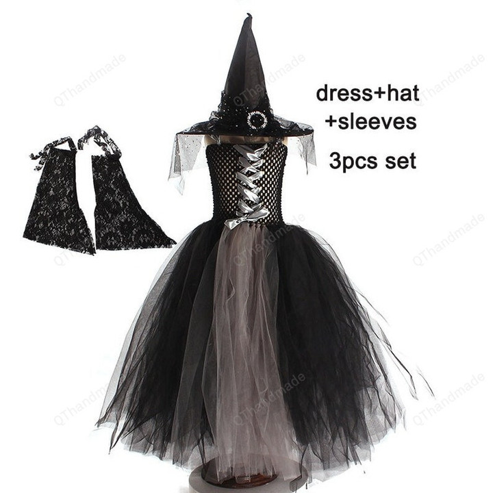 Girls Gothic Halloween Ghost Witch Costume Flare Sleeve Kids Gown Robe Tutu Dress with Witch Hat for Purim Carnival Party/Spooky Season
