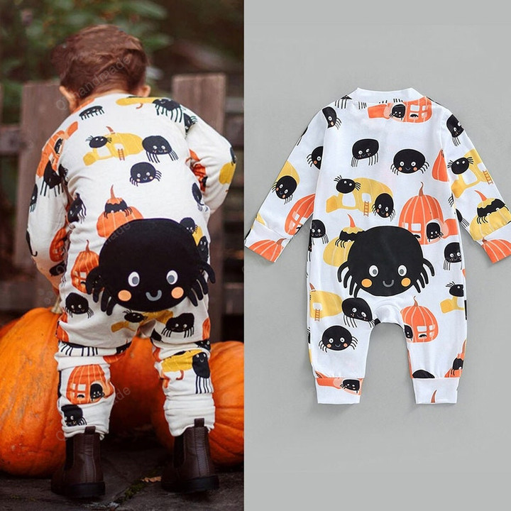 Funny Pumpkin Spider Print Long Sleeve Jumpsuit For Kids, 0-24M Halloween Newborn Infant Baby Boy Girl Romper, Baby Kids Clothing