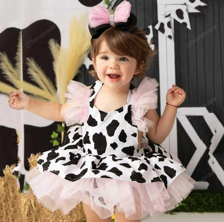 Toddler Baby Girls Romper Dress Infant Cow Print Tulle Newborn Sleeveless Tutu Dresses Hair Baby Girl Spring Clothes/Baby Girl/Party Dress
