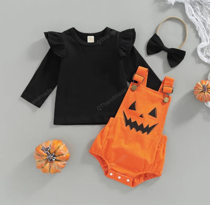 Halloween Newborn Baby Girls Clothes Fly Long Sleeve T-shirts + Pumpkin/Ghost Print Suspender Jumpsuits + Headwear/Baby Girl/Party Dress