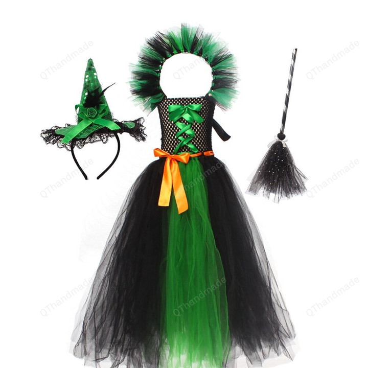 Halloween Witch Costume Dark Gothic Vintage Elegant Kid Evil Queen Gown Tutu Dress with Headband Broom Vampire Dresses/Baby Girl/Party Dress