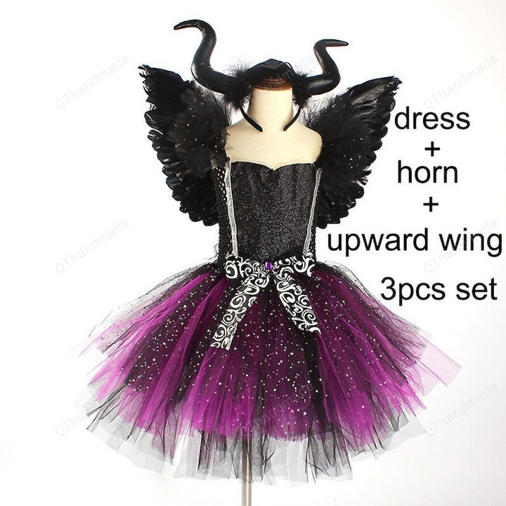Evil Dark Fairy Witch Tutu Dress with Horns Wings Sparkly Kids Halloween Cosplay Party Costume Fancy Evil Devil Dress/Baby Girl/Party Dress