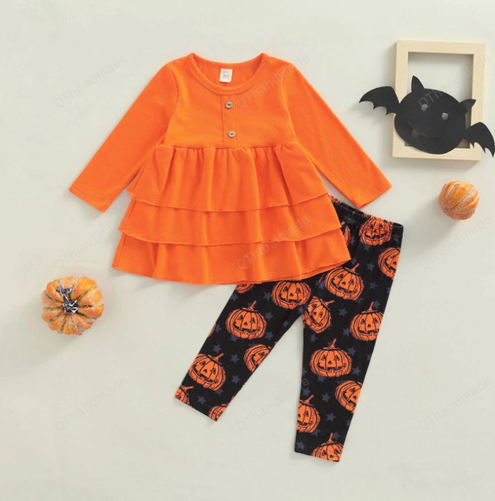 Autumn Halloween Kids Girl Clothes Set Solid Color Ruffle Longs Sleeve Tops and Pumpkin Printed Trousers Suit/Baby Girl/Party Dress