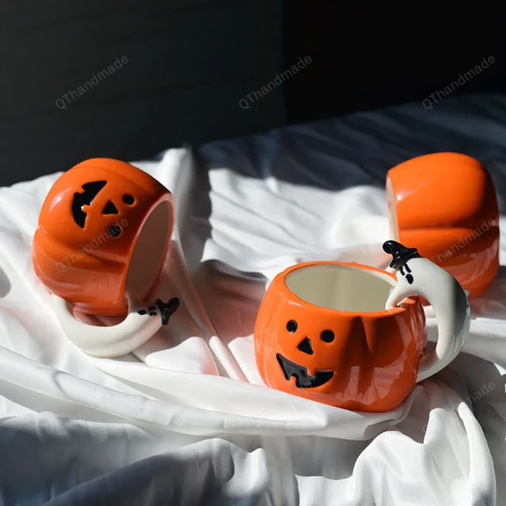 Pumpkin Coffee Mug Teacup with Ghost Handgrip, Funny Halloween Pumpkin Coffee Mug, Halloween Gift, Halloween Pumpkin-Shaped Ceramic Cup