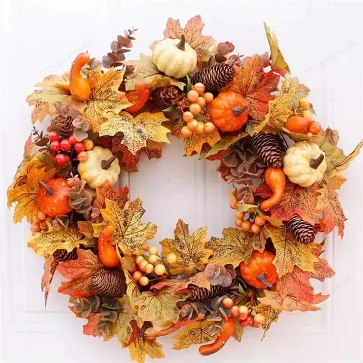 Autumn Door Wreath Halloween Decoration, Pumpkin Berry Pine Cone Maple Artificial Wreath, Fall Autumn Decoration, Leaf Pumpkin Wreath