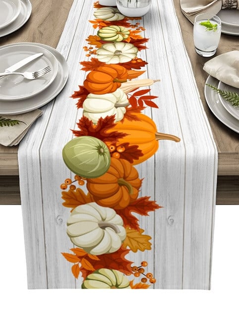 Linen Maple Leaf Pumpkin Autumn Table Runner, Halloween Pumpkin Table Runner, Halloween Accessories, Living Room Dining Table Decor