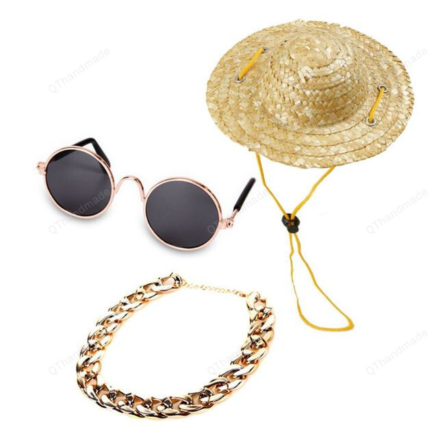 Hot 4 Pcs Pet Dog Cat Cool Costume Set, Fashion Summer Sunglasses Collar Chain Straw Hat Tie Set For Pet, Classic Funny Pet Accessories