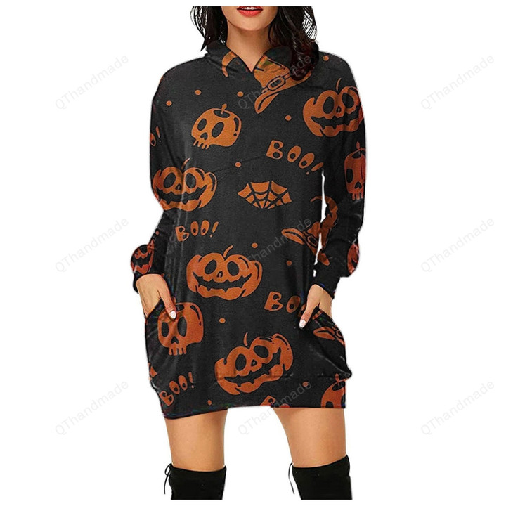 Casual Halloween Pumpkin Print Sweatshirt Hoodie, Women Loose Long Hoodie, Autumn Winter Boo Ghost Halloween Sweater, Gift For Her
