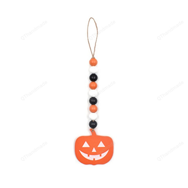 Halloween Wooden Beads Garland Pumpkin Ghost Skull Wood Chip Pendant, Halloween Party Decoration for Home Rustic Hanging Ornament