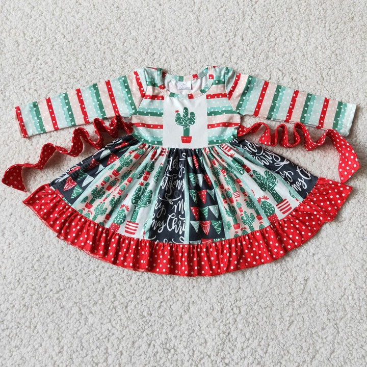 Toddler Baby Girls Christmas Cactus Snow Dress, Kids Clothing, Christmas Cactus Pattern Long Sleeve Ruffle Pant Dress, Xmas Gift For Kids