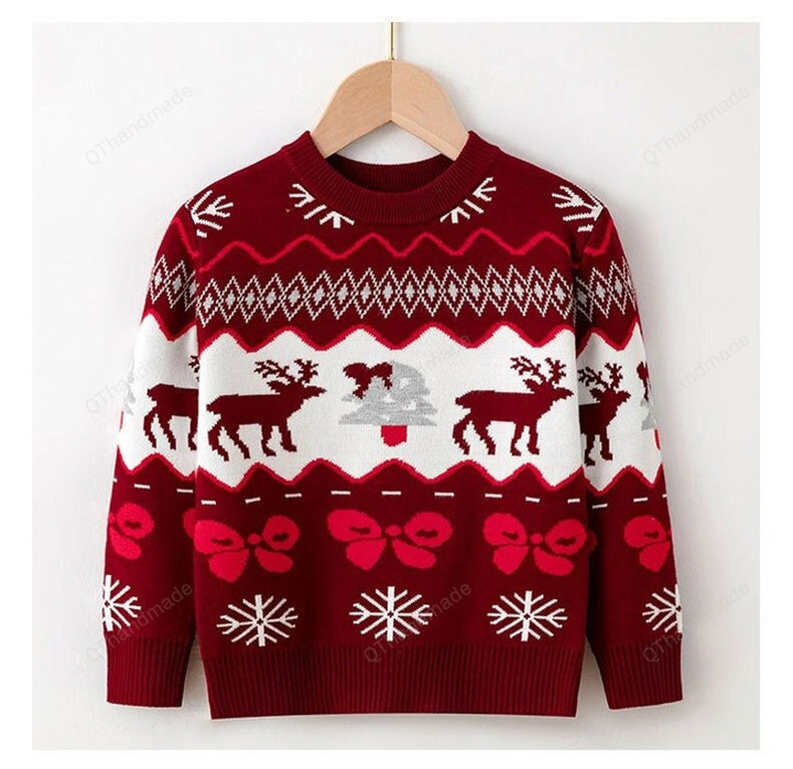 Toddler Baby Boys Girls Christmas Reindeer Knit Sweater, Xmas Kids Clothing Gift, Cute Warm Knitted Christmas Long Sleeve Sweatshirt