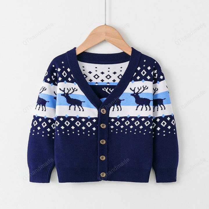 Toddler Baby Boys Girls Christmas Reindeer Knit Cardigan Sweater, Xmas Kids Clothing Gift, Cute Warm Knitted Christmas Long Sleeve Cardigan