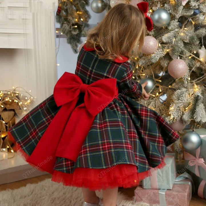 1-7Y Christmas Girls Red Plaid Dress, Kid Toddler Girl Plaid Bow Tulle Tutu Party Dress, Christmas Big Bow Plaid Tutu Princess Dress