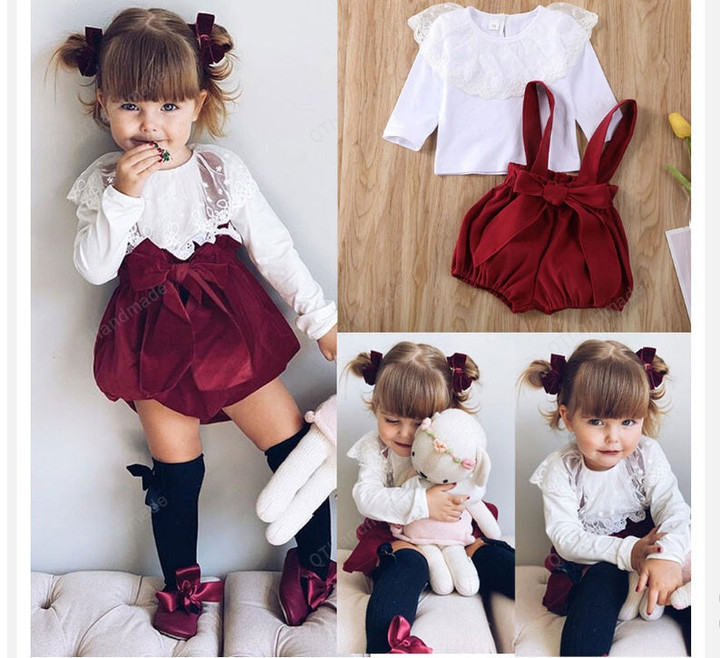 2Pcs Toddler Baby Girls Lace Ruffle Long Sleeve Tops Shorts Romper Overalls Set, Xmas Gift For Kids, Girls Red Velvet Ribbon Romper Set