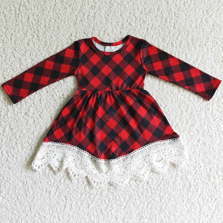Christmas Girls Lace Red Plaid Long Sleeve Dress, Winter Red Lattice Lace Baby Girl Dress, Kids Clothing, Xmas Santa Claus Leopard Dress