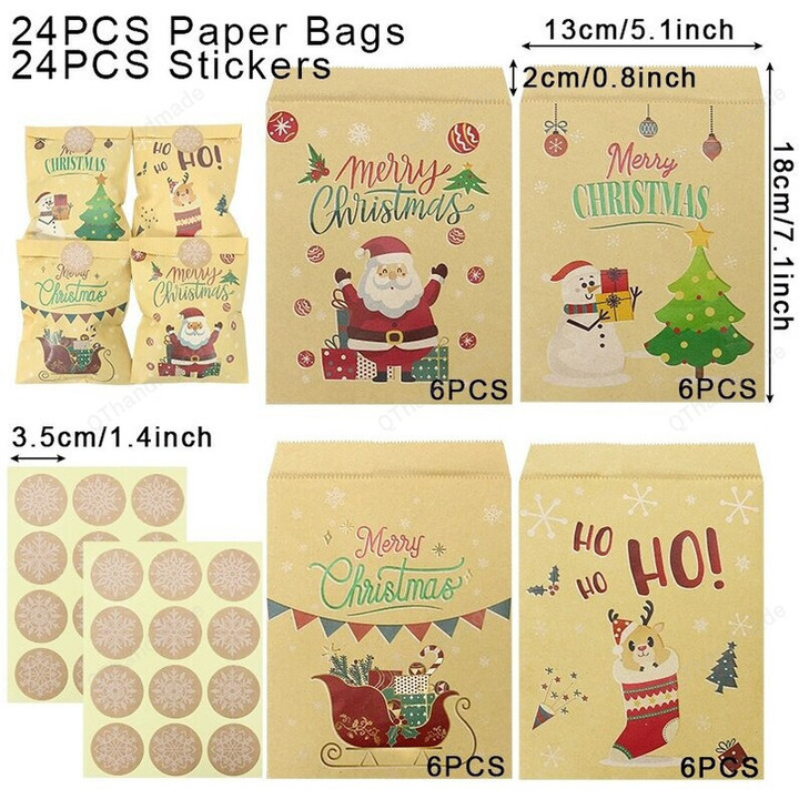24Set Christmas Kraft Paper Bags, Santa Claus Snowman Xmas Party Favor Bag, Christmas Candy Cookie Gift Bag, Xmas Accessories Gift