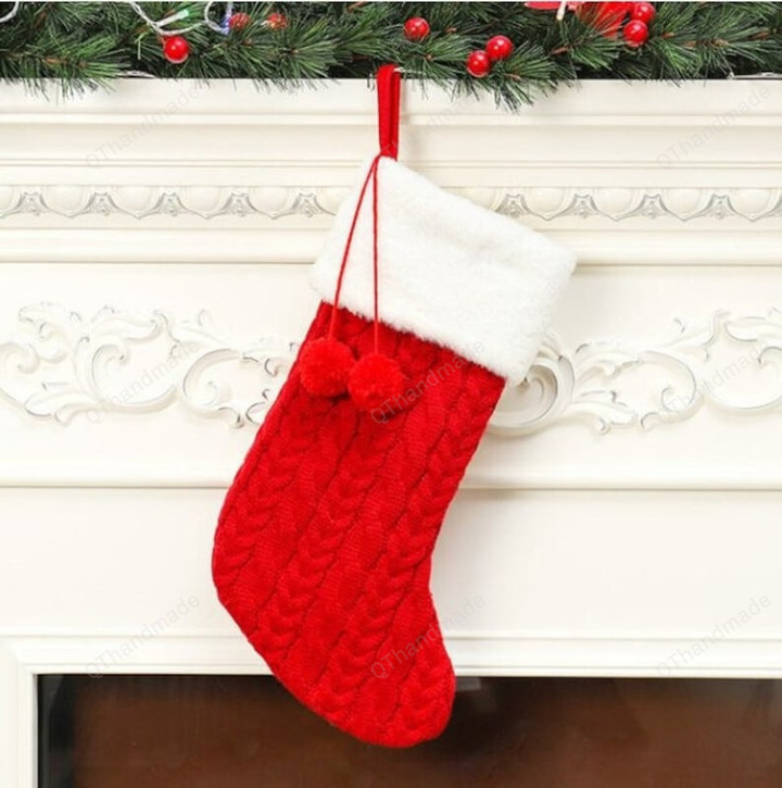 Personalized Christmas Santa Stocking, Custom Name Christmas Stocking Cable Knit Stocking,Christmas Tree Pom Pom Hanging Stocking Decoration