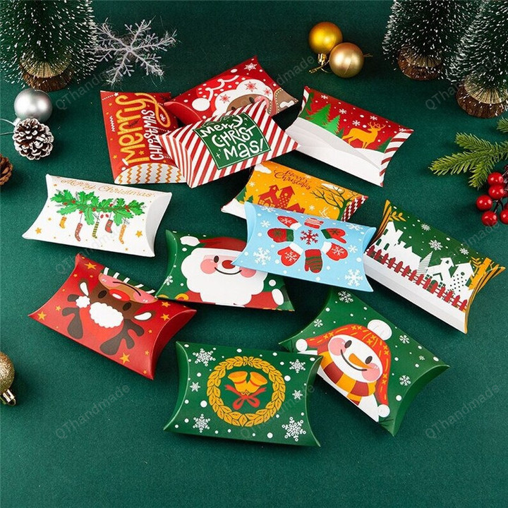 12pcs Merry Christmas Candy Pillow Boxes Chocolate Snack Packaging, Xmas Gift, Xmas New Year Party Favor Gift Box Decoration,Christmas Decor