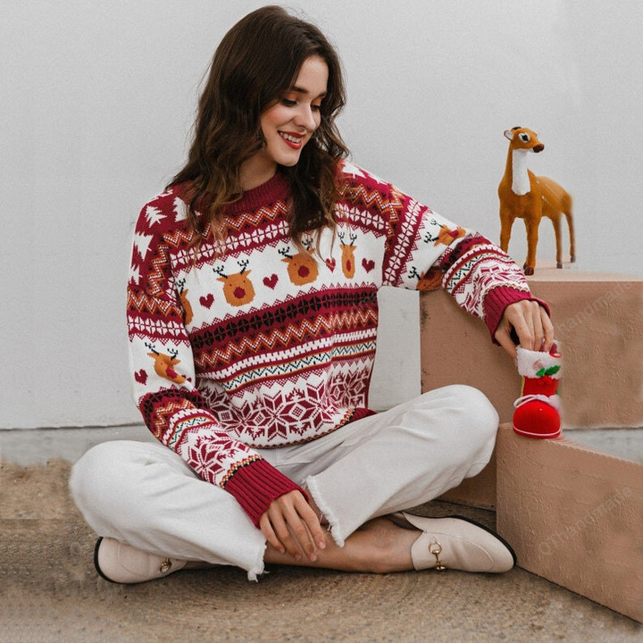 Knitted Crewneck Elk Snowflake Christmas Xmas Sweater, Casual Knitwear Xmas Sweatshirt, Christmas Holiday Costume, Gift For Her, Xmas Gift