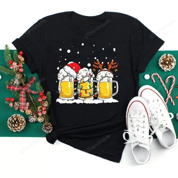 Party Beer Glass Christmas Santa Hats T-Shirt, Casual O Neck Short Sleeve Shirt, Funny Beer Wine Santa Elk Graphic Shirt, Xmas Gift