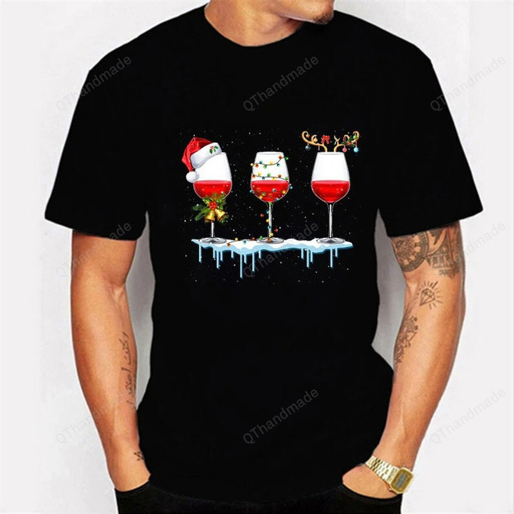 Men Christmas Wine Print T-Shirt, Casual Basics O Neck Short Sleeve Shirt, Christmas Wine Santa Hat Elk Graphic Shirt, Christmas Gift