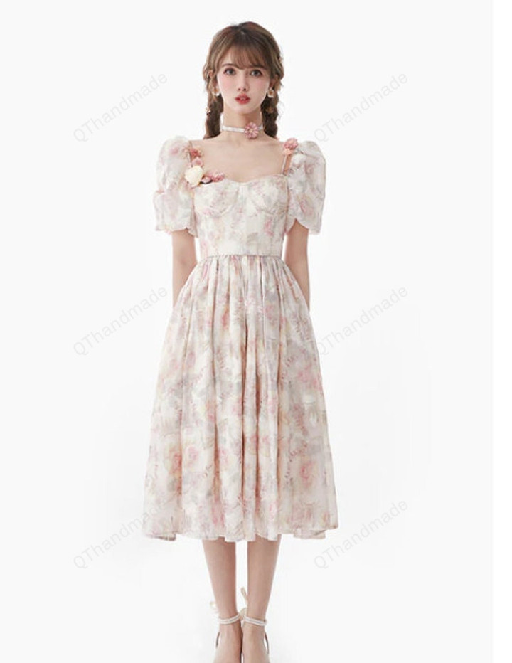 Women Floral Elegant Chiffon Fairy Princess Dress, Japanese Casual Elegant Dress, Lace Floral Puff Sleeve Party Mini Dress, Gift For Her