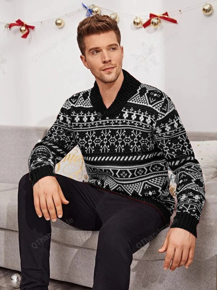 Men Christmas Elk Reindeer Lapel Knit Long Sleeve Sweater, Knitwear Warm Sweatshirt, Xmas Gift, Winter Casual Sweater, Xmas Pullovers Shirt