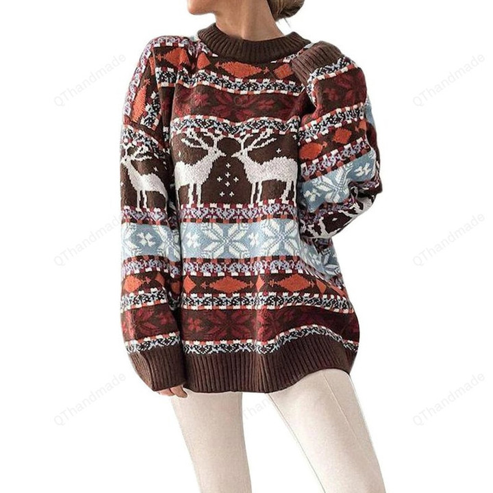 Christmas Knitted Snowflake Reindeer Crew Neck Long Sleeve Pullover Sweater, Knitwear Warm Sweatshirt, Xmas Gift, Winter Casual Sweater