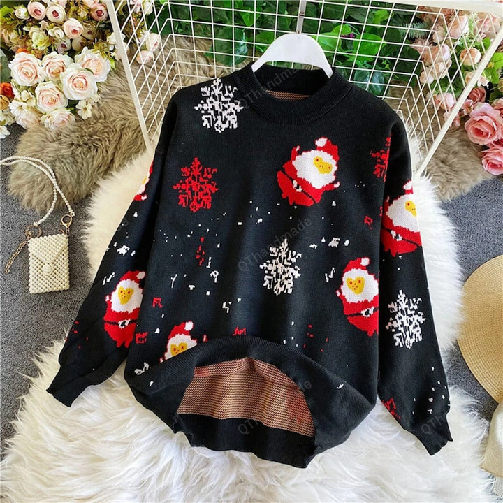 Christmas Knitted Santa Claus Snowflake Loose Long Sleeve Pullover Sweater, Knitwear Warm Sweatshirt, Xmas Gift, Winter Casual Sweater